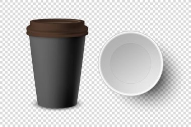 Vektör 3d Siyah Harcanabilir Kağıt Kapalı ve Açılmış, Kahverengi Led Set Kapalı İçecekler İçin Plastik Kahve Kupası izole edildi. Tasarım Şablonu, Mockup. Üst ve Ön Görünüm