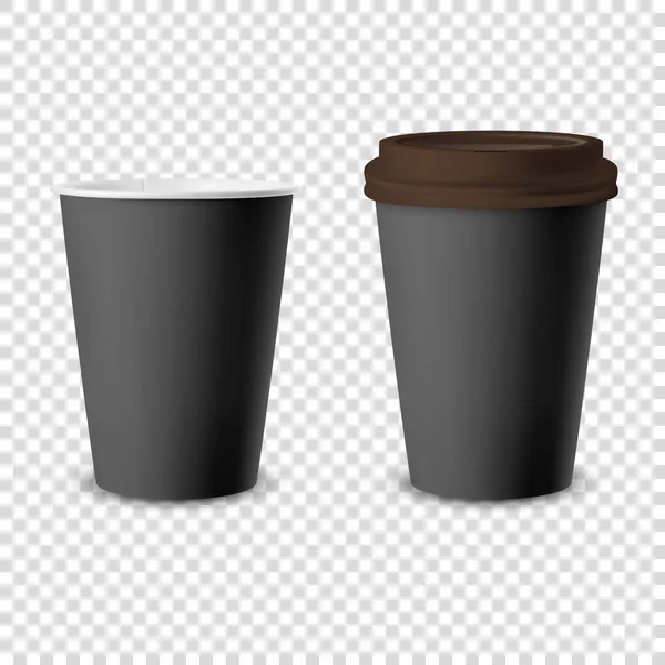 Vektor 3d realistické černé jednorázové otevřený a uzavřený papír nebo plastový šálek kávy pro nápoje s Brown víčko sada ikon Closeup izolované. Šablona designu, Mockup. Pohled zepředu — Stockový vektor