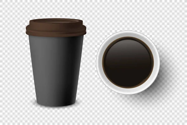 Вектор 3d Реалистичный черный одноразовый закрытая и открытая бумага, пластиковый кофе Кубок для напитков с коричневой крышкой комплект закрыт. Шаблон дизайна, макет. Вид сверху и спереди — стоковый вектор