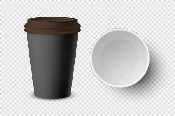 Vector 3d Realistische zwart wegwerp Gesloten en geopend papier, plastic koffiebeker voor dranken met bruine deksel set close-up geïsoleerd. Ontwerp Template, Mockup. Boven- en vooraanzicht — Stockvector