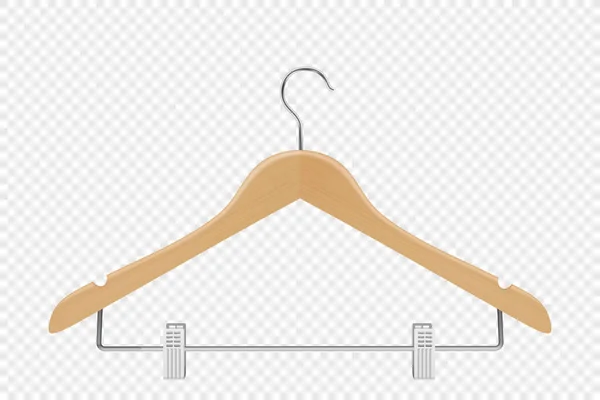 Vector 3d Realistic Clothes Coat Wooden Textured Hanger Icon Closeup Isolated on Transparent Background. Design Template, Clipart or Mockup for Graphics, Advertising etc. Front or Top View — Stock Vector