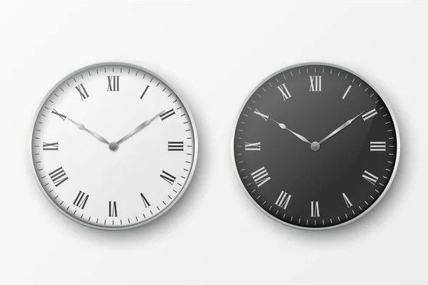 Векторные трехмерные простые круглые офисные часы с серебристой стеной. Набор белого и черного циферблатов Изолированный на белом фоне. Design Template, Mock-up for Branding, Advertise. Вид спереди или сверху — стоковый вектор