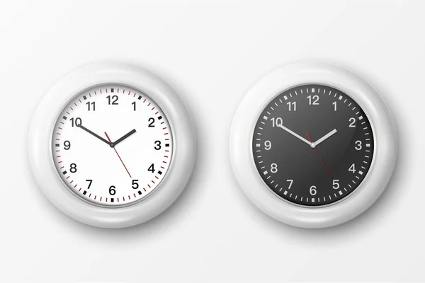 白と黒のダイヤルアイコンセットの閉鎖白の背景に隔離されたベクトル3D現実的なシンプルなラウンドホワイトの壁のオフィスの時計。デザインテンプレート,ブランディングのためのモックアップ,広告.フロントビューまたはトップビュー — ストックベクタ