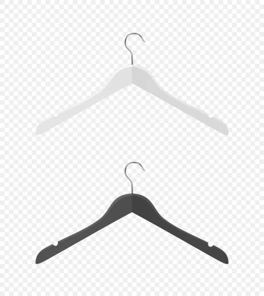 Vector 3d Realistic Clothes Coat Wooden Textured Black, White Hanger Set Closeup Isolated on Transparent Background. Design Template, Clipart or Mockup for Graphics, Advertising etc. Front, Top View — Stock Vector