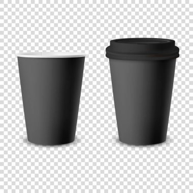 Vector 3d Black kullan-at kağıt açıldı ve kapatıldı ya da Siyah Lid Simgesi Kapalı İçecekler için Plastik Kahve Kupası izole edildi. Tasarım Şablonu, Mockup. Ön Görünüm