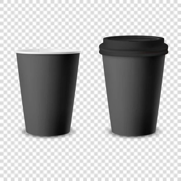 Vektor 3d realistické černé jednorázové otevřený a uzavřený papír nebo plastový šálek kávy pro nápoje s černou ikonou sada detailní izolované. Šablona designu, Mockup. Pohled zepředu — Stockový vektor