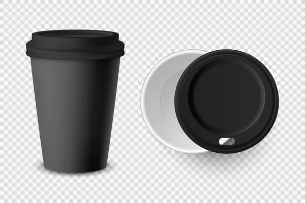 Vektor 3d realistické černé jednorázové uzavřený a otevřený papír, plastový šálek kávy pro nápoje s černým víčkem Set Closeup izolované na průhledném pozadí. Šablona designu, Mockup. Pohled shora a zepředu — Stockový vektor