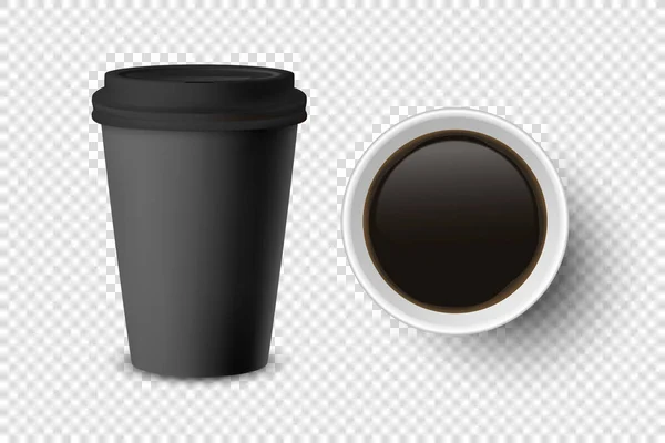 Vector 3d realista preto descartável fechado e aberto papel, copo de café de plástico para bebidas com tampa preta Set Closeup isolado. Modelo de design, Mockup. Vista superior e frontal — Vetor de Stock