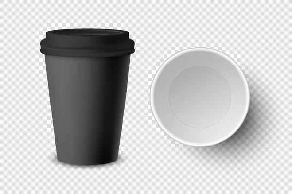 Векторний 3d реалістичний чорний одноразовий закритий і відкритий папір, пластиковий кавовий стаканчик для напоїв з чорною кришкою ізольовано крупним планом. Шаблон дизайну, макет. Вид зверху і спереду — стоковий вектор