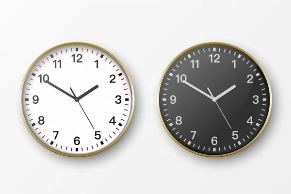Vektor 3D realistické jednoduché kolo Golden Wall Office Clock. White and Black Dial Icon Set Closeup Izolované na bílém pozadí. Design šablony, Falešný-up pro Branding, Inzerovat. Přední nebo horní pohled — Stockový vektor