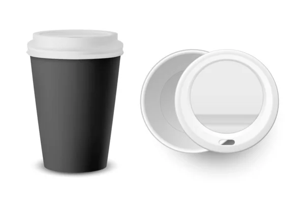 Vector 3d realista negro desechable papel cerrado, taza de café de plástico para bebidas con tapa blanca Set primer plano aislado sobre fondo blanco. Plantilla de diseño, burla. Vista superior y frontal — Vector de stock