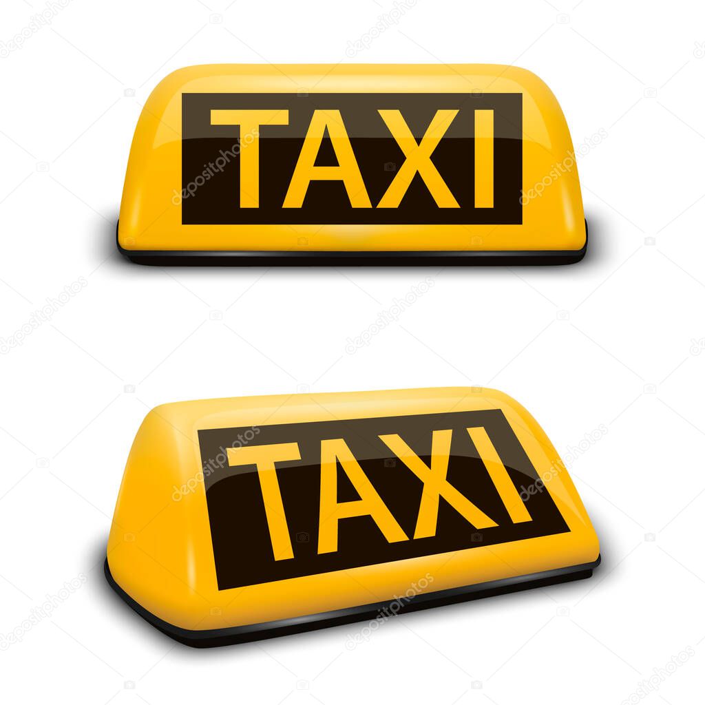 Vector 3d Realistic Yellow French Taxi Sign Icon Set Closeup Isolated on Transparent Background. Design template for Taxi Service, Mockup. Front and Side View