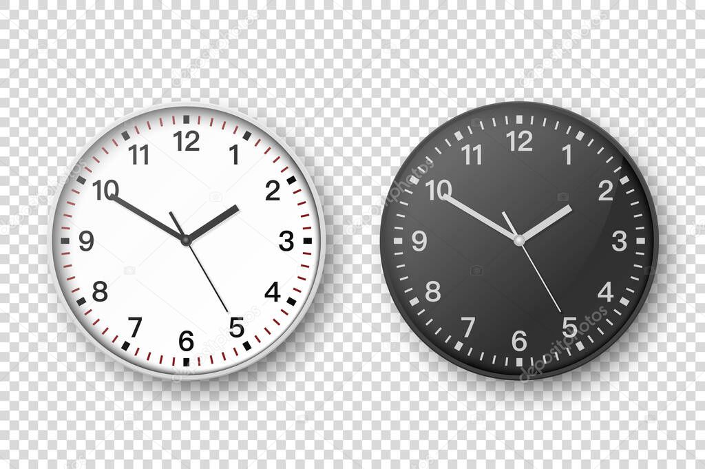 Vector 3d Realistic Simple Round White and Black Wall Office Clock Set. White and Black Dial. Closeup Isolated. Design Template, Mock-up for Branding, Advertise. Front or Top View