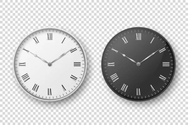 Вектор 3d Реалістичний простий круглий настінний офісний годинник. Білий і чорний циферблат. Крупним планом ізольовано на прозорому тлі. Шаблон дизайну, макет для брендингу, реклами. Передній або верхній перегляд — стоковий вектор