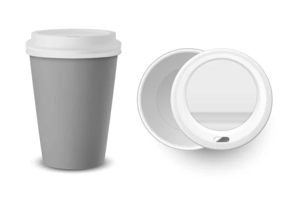 Vector 3d Realistic Gray Disposable Closed Paper, Plastic Coffee Cup for Drinks with White Lid Set Closeup Isolated on White Background Дизайн шаблон, Mockup. Верхній і передній вид — стоковий вектор