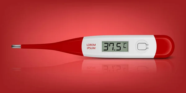 赤の背景にアイコンを閉じ測定するためのベクトル現実的な3D ° C電子医療用温度計。第37.5話。デジタル温度計の設計テンプレート温度を表示します。フロントビュー — ストックベクタ