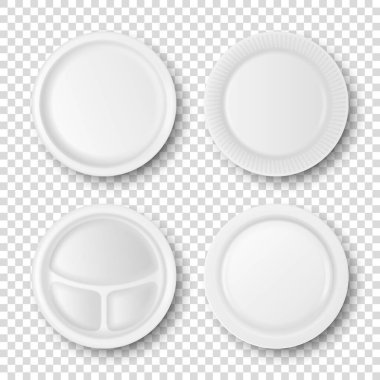 Vektör 3d Gerçekçi Beyaz Porselen, Plastik ya da Kağıttan Kullanılabilir Yemek Tabağı Simgesi Kapatma Kapatma İzole edildi. Üst Manzara. Tasarım şablonu, Grafikler, Markalaşma Kimliği, Yazdırma vb.