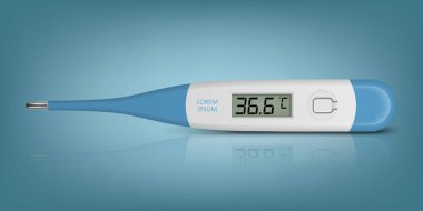 Mavi Arkaplanda Simge Kapanışını Ölçmek için Vektör Gerçekçi 3d Celsius Elektronik Termometresi. 36.6. Dijital Termometrenin tasarım Şablonu Sıcaklığı gösteriyor. Ön Görünüm