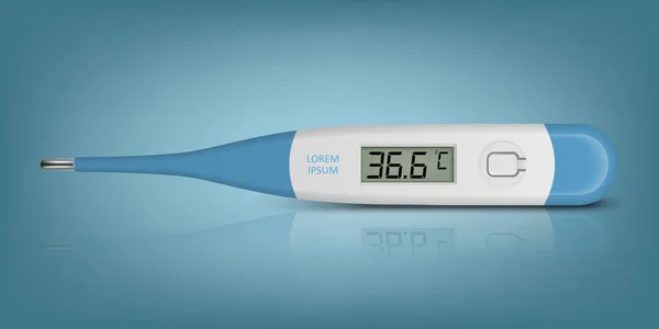 Vektorový realistický 3D Celsia elektronický lékařský teploměr pro měření Ikona Closeup na modrém pozadí. 36.6. Návrh šablony digitálního teploměru zobrazující teplotu. Pohled zepředu — Stockový vektor