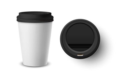 Vektör 3d Gerçekçi Beyaz Tek Kullanılabilir Kağıt, Siyah Lid setli İçecekler İçin Plastik Kahve Bardağı Beyaz Arkaplanda izole edildi. Tasarım Şablonu, Mockup. Üst ve Ön Görünüm
