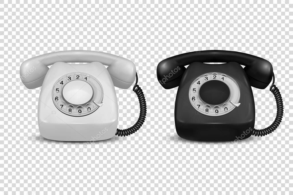 Vector 3d Realistic Vintage Retro Old White and Black Telephone Icon Set Closeup Isolated on Transparent Background. Design Template, Call Center Support Concept. Front View