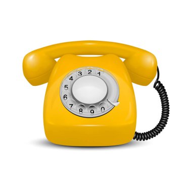 Vektör 3d Gerçekçi Vintage Retro Eski Sarı Telefon Simgesi Beyaz Arkaplan 'da izole edildi. Tasarım Şablonu, Çağrı Merkezi Destek Konsepti. Ön Görünüm