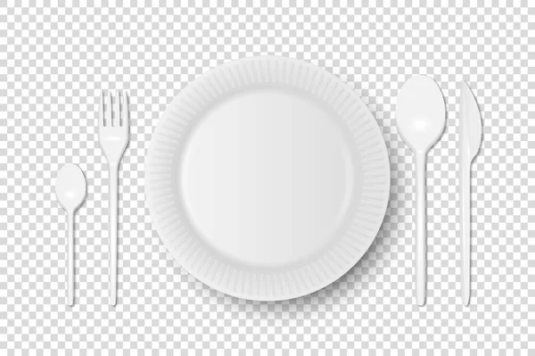 Διάνυσμα 3d Ρεαλιστικό λευκό πλαστικό, χαρτί μιας χρήσης πιάτο τροφίμων, μαχαιροπήρουνα - πιάτο, κουτάλι, πιρούνι, Khife Icon σετ απομονωμένο. Στο Top View. Σχεδιασμός προτύπου, Mock up για γραφικά, Εταιρική ταυτότητα, Εκτύπωση — Διανυσματικό Αρχείο