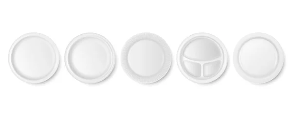 Вектор 3d реалистичный белый фарфор, пластик или бумага Одноразовые пищевые тарелки Значок набор закрытия изолированы. Вид сверху. Дизайн, графика, брендинг, печать и т.д. — стоковый вектор