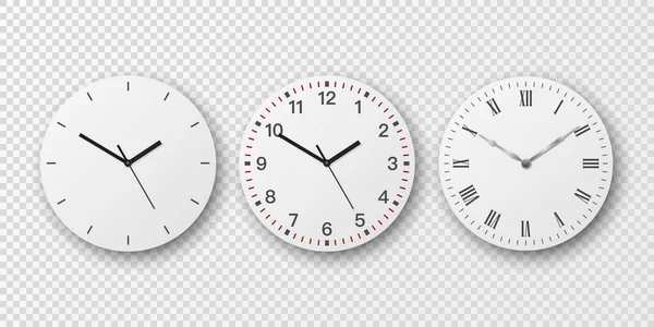 Вектор 3d Реалістичний простий круглий настінний офісний годинник. Білий набір. Крупним планом ізольовано на прозорому тлі. Шаблон дизайну, макет для брендингу, реклами. Передній або верхній перегляд — стоковий вектор