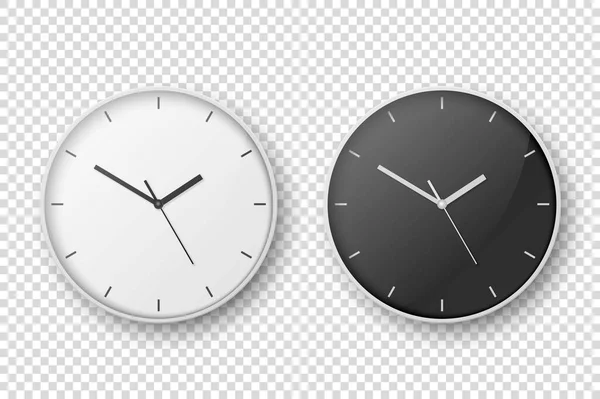 Vector 3d Realistic Simple White Round Wall Office Clock Set. 화이트 앤 블랙 디알. 투명 한 배경에 격리 구역을 봉쇄하라. Design Template, Mock-up for Branding, Advertising. 앞면이나 윗면 — 스톡 벡터