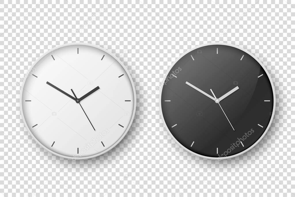 Vector 3d Realistic Simple White Round Wall Office Clock Set. White and Black Dial. Closeup Isolated on Transparent Background. Design Template, Mock-up for Branding, Advertise. Front or Top View