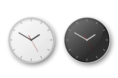 Vektör 3d Gerçekçi Basit Beyaz Yuvarlak Ofis Saati Ayarlandı. White ve Black Dial. Beyaz Arkaplan 'da izole edilmiş. Tasarım Şablonu, Marka Model, Reklam. Ön ya da Üst Görünüm