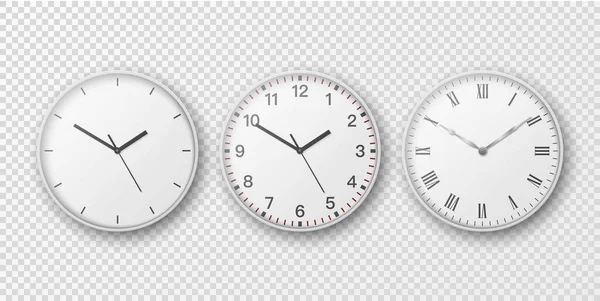 Vector 3d realista simples parede redonda do escritório conjunto de relógio. Mostrador branco. Closeup isolado em fundo transparente. Modelo de Design, Mock-up para Branding, Anuncie. Vista frontal ou superior — Vetor de Stock