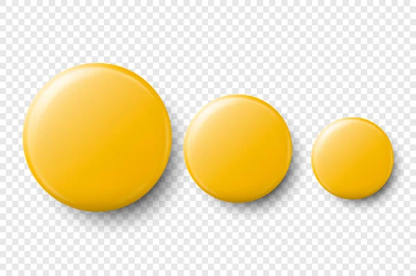 Vector 3d Realistic Yellow Metal, Plastic Blank Zestaw odznaki Różne rozmiary zbliżenie Izolowane na przezroczystym tle. Widok góry. Szablon identyfikacji marki, prezentacje graficzne. Makieta — Wektor stockowy