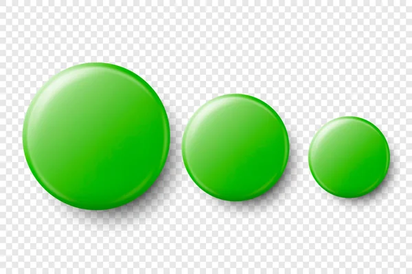 Vector 3D Realistic Green Metal, Plástico em branco botão emblema conjunto tamanhos diferentes Closeup isolado em fundo transparente. Vista superior. Modelo para Identidade de Marca, Apresentações Gráficas. Mock-up —  Vetores de Stock