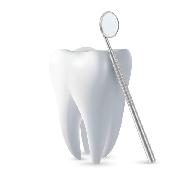 Vektor 3d Realistisk Dental Inspektionsspegel för tänder med tand Ikonen Närbild Isolerad på vit bakgrund. Medicinsk tandläkarutrustning. Designa mall, Clipart. Begreppet tandhälsa — Stock vektor