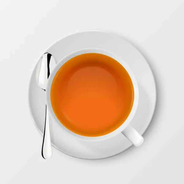 Vector 3d Porclean blanco realista, taza de té de cerámica, taza con té negro o rojo y plata cuchara de té primer plano aislado sobre fondo blanco. Plantilla de diseño, Clipart. Vista superior — Archivo Imágenes Vectoriales
