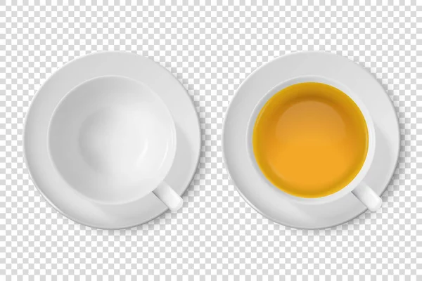 Vector 3d Porclean blanco realista, taza de té vacía de cerámica, taza y con té verde primer plano aislado sobre fondo transparente. Plantilla de diseño, Clipart. Vista superior — Vector de stock