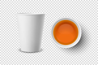 Vektör 3d Gerçekçi Beyaz Kağıt ya da Siyah ya da Kırmızı Çay Kapalı Plastik Atılabilir Çay Fincanı Şeffaf Arkaplanda izole edilmiştir. Tasarım Şablonu, Clipart. Ön ve Üst Görünüm