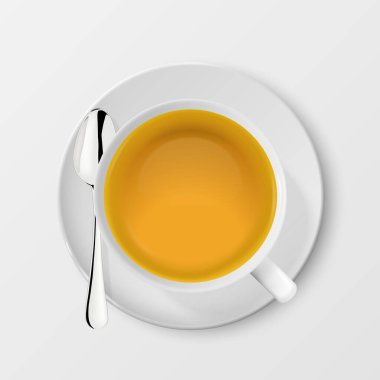 Vektör 3d Gerçekçi Beyaz Porclean, Seramik Çay Fincanı, Yeşil Çay ve Gümüş Çay Kaşığı Kapalı Kupa Beyaz Arkaplanda İzole Edildi. Tasarım Şablonu, Clipart. Üst Görünüm