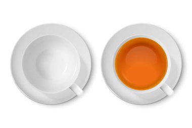 Vektör 3d Gerçekçi Beyaz Porclean, Seramik Boş Çay Fincanı, Kupa ve Siyah ya da Kırmızı Çay Kapanışı Beyaz Arkaplan 'da izole edildi. Tasarım Şablonu, Clipart. Üst Görünüm