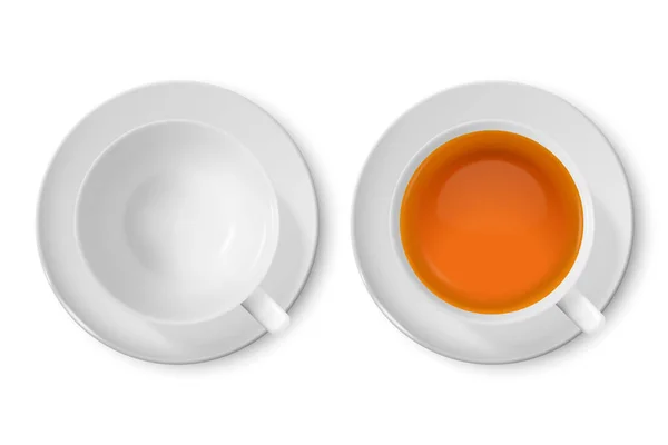 Vector 3d Realistic White Porclean, Ceramic Empty Tea Tasse, Becher und mit schwarzem oder rotem Tee Nahaufnahme isoliert auf weißem Hintergrund. Design Template, Clipart vorhanden. Ansicht von oben — Stockvektor