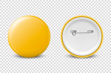 Vektör 3d Gerçekçi Sarı Metal, Plastik Boş Düğme Rozet Simgesi Seti Şeffaf Arkaplanda izole edildi. Ön ve arka taraf görüntüsü. Marka Kimliği, Logo, Sunumlar için Şablon. Model