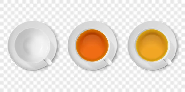 Vektor 3d Realistické Bílé Porclean, Keramické Prázdný čaj pohár, hrnek a s černou nebo červenou, Zelený čaj Closeup Izolované na průhledném pozadí. Šablona návrhu, Clipart. Pohled nahoru — Stockový vektor