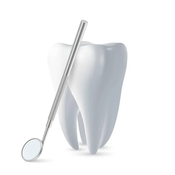 Vektor 3d Realistisk Dental Inspektionsspegel för tänder med tand Ikonen Närbild Isolerad på vit bakgrund. Medicinsk tandläkarutrustning. Designa mall, Clipart. Begreppet tandhälsa — Stock vektor