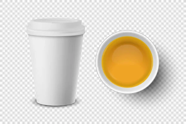 Papel blanco realista del vector 3d o taza de té desechable de plástico con el primer plano del té verde aislado sobre fondo transparente. Plantilla de diseño, Clipart. Vista frontal y superior — Vector de stock