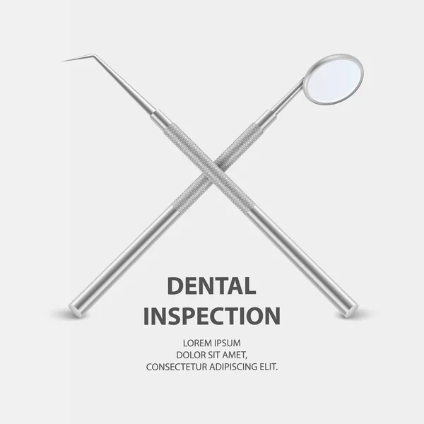 Banner de inspección dental, Plackard. Espejo y sonda de inspección dental realista vectorial 3d para el primer plano de los dientes sobre fondo blanco. Medical Dentist Tool. Plantilla de diseño — Vector de stock