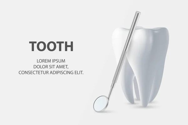 Dental Inspektion Banner, Plackard. Vektor 3d Realistisk Tandläkare spegel för tänder med tand ikonen närbild på vit bakgrund. Medicinsk tandläkarutrustning. Mall för utformning. Begreppet tandhälsa — Stock vektor