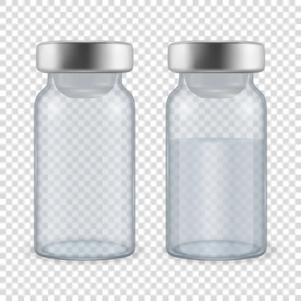 Botellas realistas de Vector 3d del sistema del icono de la vacuna primer plano aislado en fondo transparente. Plantilla de diseño de ampollas de drogas, Clipart, Mockup. Concepto de vacunación. Vista frontal — Archivo Imágenes Vectoriales