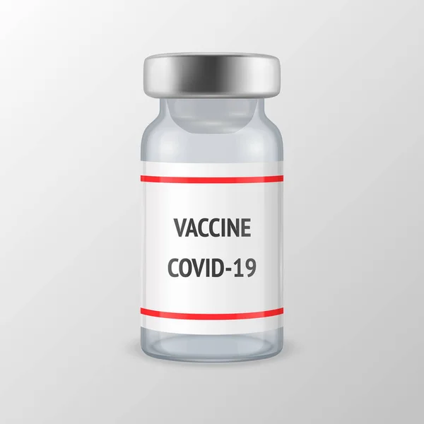 Векторна 3d реалістична пляшка вакцини проти коронавірусу COVID-19 Ізольована на білому тлі. Шаблон дизайну ампули для наркотиків, Кліпарт, Mockup. Концепція вакцинації. Вид спереду — стоковий вектор